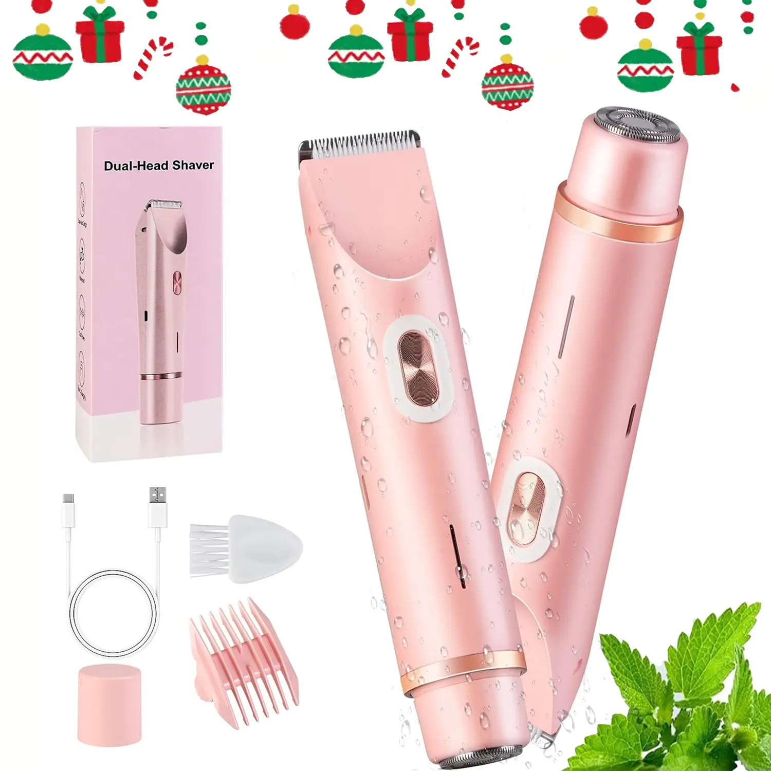 Bikini Cordless Rechargeable Trimmer for Women, Electric Shaver and Razor Rechargeable 2-in-1 Bodyand Facial Hair Removal Double Head forPainless Trimming of Pubic Face UnderarmLegs,IPX7 Waterproof, pink, USB Rechargeable Trimmer