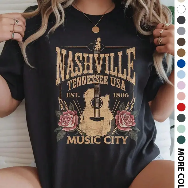 Women's Nashville Tennessee Music City Printed Top - Vintage Acoustic Guitar Rose Graphic, Oversized Crew Neck, Casual Short Sleeve Country Western Cozy Cotton Fabric T-Shirt for Music Lovers