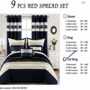 9-Piece Bedspread Set with Matching Curtains – Blue, Gray & White Geometric Design | King Size / Juego de Cubrecama de 9 Piezas con Cortinas – Diseño Geométrico Azul, Gris y Blanco | King Size
