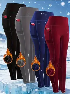 Winter Collection Women's 4pcs -Lined Thermal High-Waisted Compression Leggings Set - Thickened Full-Length Tummy Control Workout Pants with Pockets, Comfortable for Cold Weather, All-Season Gym Running Yoga Pants - Machine Washable Spandex