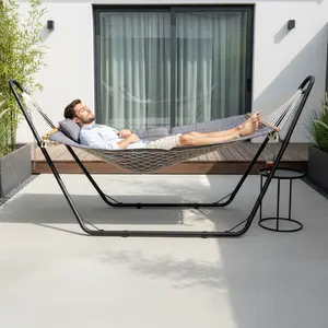 Hammock  Stand, Double-Barrel Hammock  Hammock Bed, Heavy Duty Adjustable Hammock Set for Outdoors, Patio, Yard, Garden, Gray Folding Camping Cot with Pillow