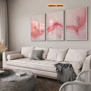 Pink and White Marble Abstract wall Print, Set of 3 Printed Wall Decor, Minimalist Fine art Poster, Large Ombre Acrylic Pour Art #360