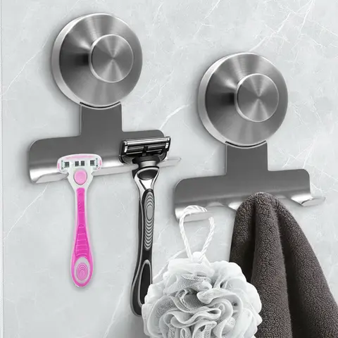 2-Pack Durable Heavy-Duty Stainless Steel Suction Cup Hooks for Shower, Removable Hooks with 2-Pack Convenience, Damage-Free Bathroom Gadgets, Suction Cup Holders for Razor, Shaver & Loofah