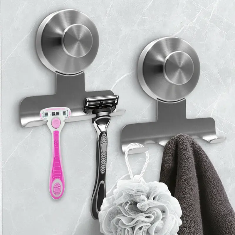 2-Pack Durable Heavy-Duty Stainless Steel Suction Cup Hooks for Shower, Removable Hooks with 2-Pack Convenience, Damage-Free Bathroom Gadgets, Suction Cup Holders for Razor, Shaver & Loofah