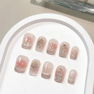 Nailrosy 10Pcs Handmade Short Coffin Press-On Nails, Golden Multicolor Acrylic Supplies for DIY Nail Art, Reusable Y2K Cute Manicure, 2026 Designs for Women