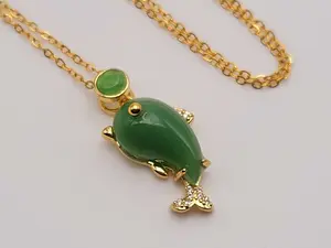 Elegant 18 Inch Gold Tone Necklace with Green Aventurine Dolphin Pendant - Perfect Gift for Her