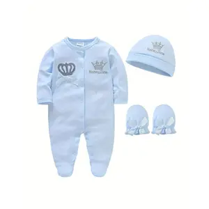 NewBaby's Adorable Crown Embroidery Cotton Long Sleeve Footed Romper, Toddler & Infant Girl's Footie + Hat + Baby Mittens, Perfect for Outdoor Halloween Leopard Print Bell Pants Set All Over Sweatshirt ripped jeans girl Romantic Lace Edge Valentine's Dre