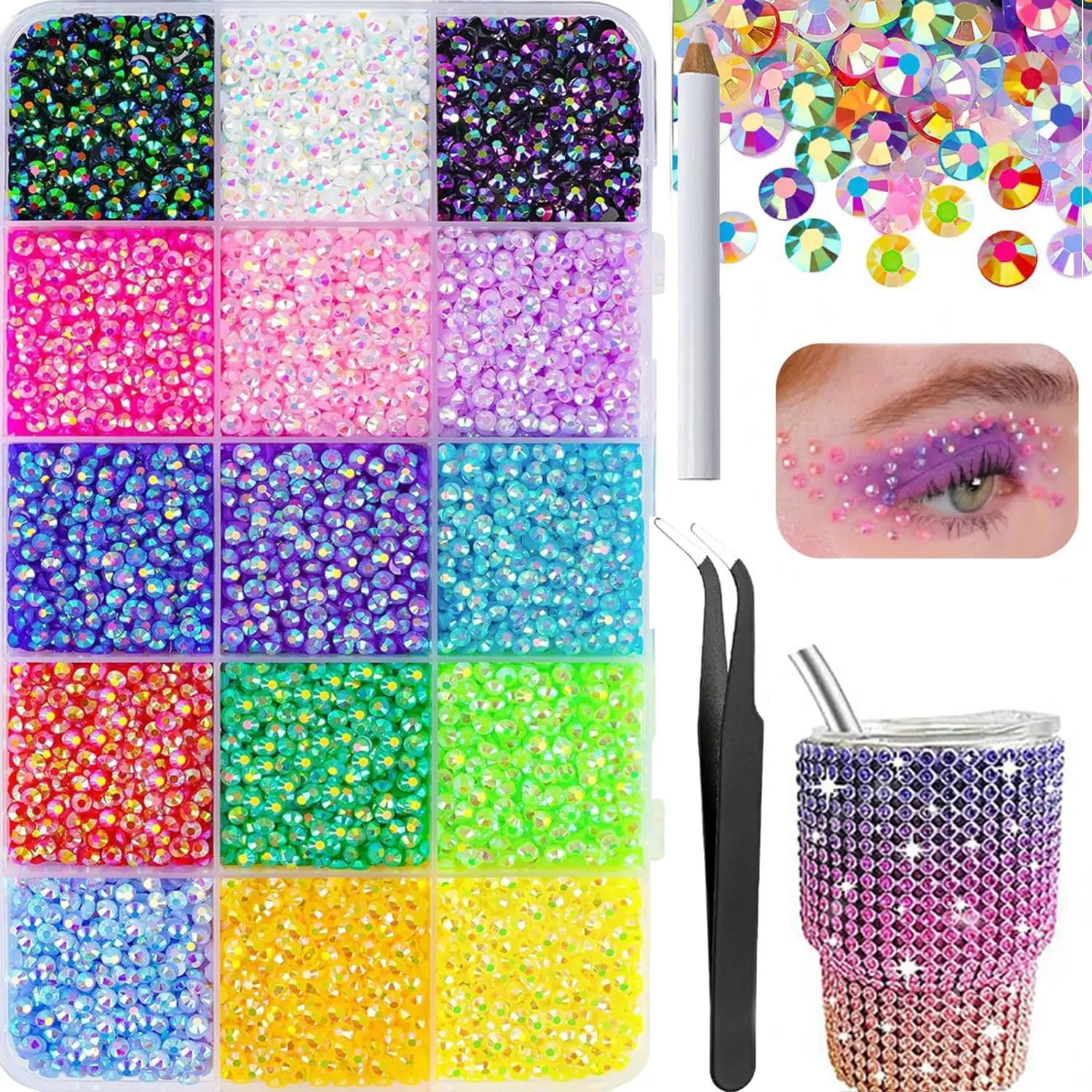 Bedazzling Kit with Colorful Resin Rhinestones Tweezers & Pickup Pen DIY Nails 15 Colors 3MM 18000 pcs Colors Flatback Nails Rhinestones, Shoes, Mugs, Books, Crafts & Art