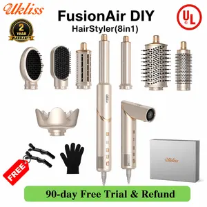 UKLISS FusionAir DIY HairStyler Airstyler Champagne Gold 90-Day Free Trial & Refund 2 Year Warranty 110000RPM HairCurler + HairStraightener + HairDryer + HotAirBrush + LowTemperatureHairCare + NegativeIons + BlowoutBoost + HairDiffuser + Fluffier