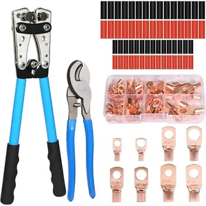 Battery Cable Crimper Tool for AWG 10, 8, 6, 4, 2, 1/0 Gauge Electrical Lug, Battery Lug Crimping Tool with 60PCS Copper Wire Lugs and Heat Shrink Tubing, Cable Cutter