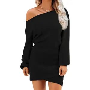 Women's Off The Shoulder Sweater Dress 2025 Fall Winter Casual Long Sleeve Knit Slim Fit Pullover Mini Dresses Womenswear Summer Basic Beige Minimalist