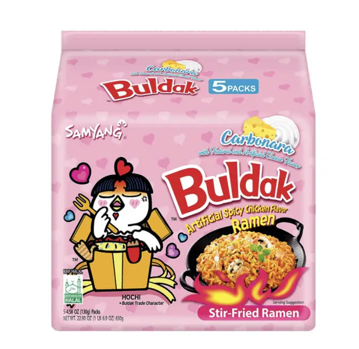 [5 pack bundle] Buldak Carbonara Noodles, Spicy Carbonara Noodles Samyang Korean Spicy chicken noodle challenge, 4.58oz * 5packs