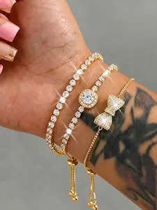 3 Piece Luxury Women's Bracelet Set, Elegant Bow Design, Adjustable Chain, Copper with Synthetic Zircon, Party Jewelry, Adjustable Link Bracelet
