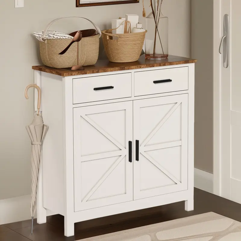 White Durable Painted Farmhouse Cupboard - Wood Kitchen Storage Cabinet with 2 Drawers, Barn Doors, 11.4"d x 31.5"w x 31.6"h, 110 lbs Versatile Match Coffee Bar Floor Sideboard (Assembly Required)