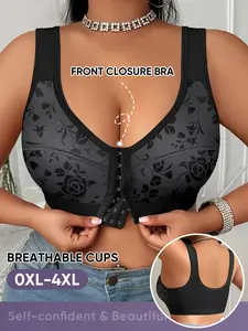 Women's Front Button Bra, Jacquard Pattern Push-Up Underwear, Plus Size Everyday Comfortable Breathable Full Coverage Lingerie