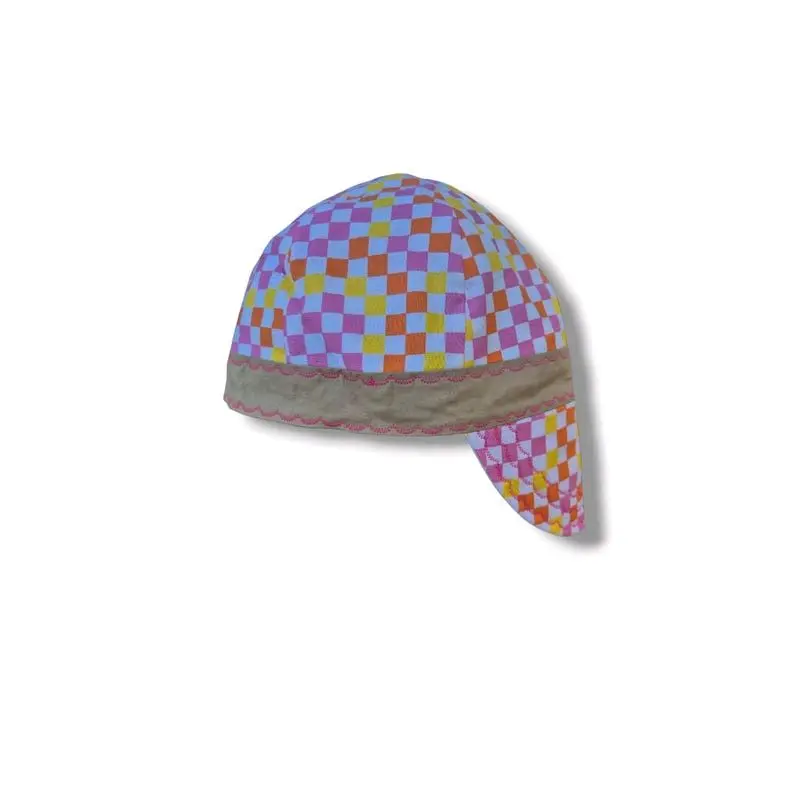 Welding cap size 8(25in) pink checkered reversible cow print, 7in depth