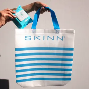 Skinn Cosmetics Beach Tote Bag with Blue Striped Design | Beach Bag