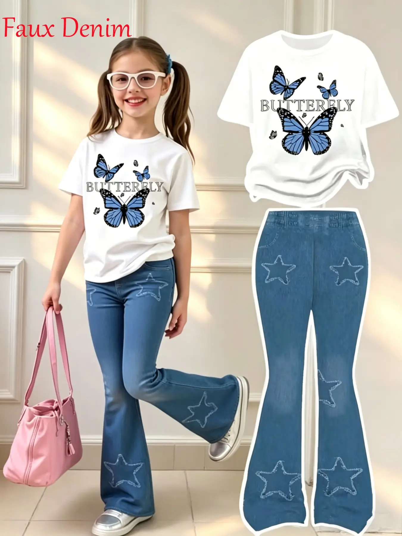 Trendy Girls' Summer Set - Butterfly Print T-Shirt + Denim Star Bell Bottoms, Cute Casual Two-Piece, Slim-Fitting Suit, Summer Clothes Set, Summer Outfits Set