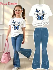 Trendy Girls' Summer Set - Butterfly Print T-Shirt + Denim Star Bell Bottoms, Cute Casual Two-Piece, Slim-Fitting Suit