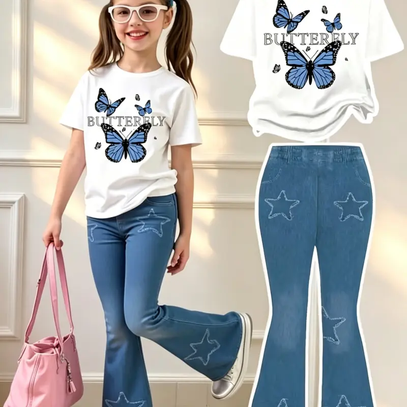 Trendy Girls' Summer Two-Piece Set, Butterfly Print T-Shirt and Faux Denim Star Bell-Bottoms, Cute Slim-Fit Casual Outfit, Clothes Kids