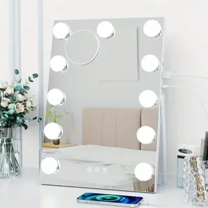 New Glamorous Hollywood Vanity Mirror - 11 X 14 Lighted Makeup Mirror with 11 Dimmable Bulbs 10X Magnification 3 Color Temperature Settings Touch Control & USB Charging Port for Bedroom Bathroom Dressing Room and Salon Decor Glass