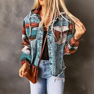 Women??s Western Aztec Print Flap Pocket Frayed Hem Hooded Denim Jacket??gift??