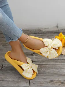 Women's Bowknot Design Slides, Casual Comfortable Home Slippers, Lightweight Breathable Slippers, Non-slip Soft Slippers for Indoor & Outdoor Wear, Summer Barefoot Shoes for Women & Girls, Flipflop, Footwear