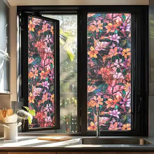 Floral Static Sandblasted Glass Window Sticker, Decorative Stickers, Vintage Privacy Protection Film, Waterproof Oilproof Reusable Adhesive-Free