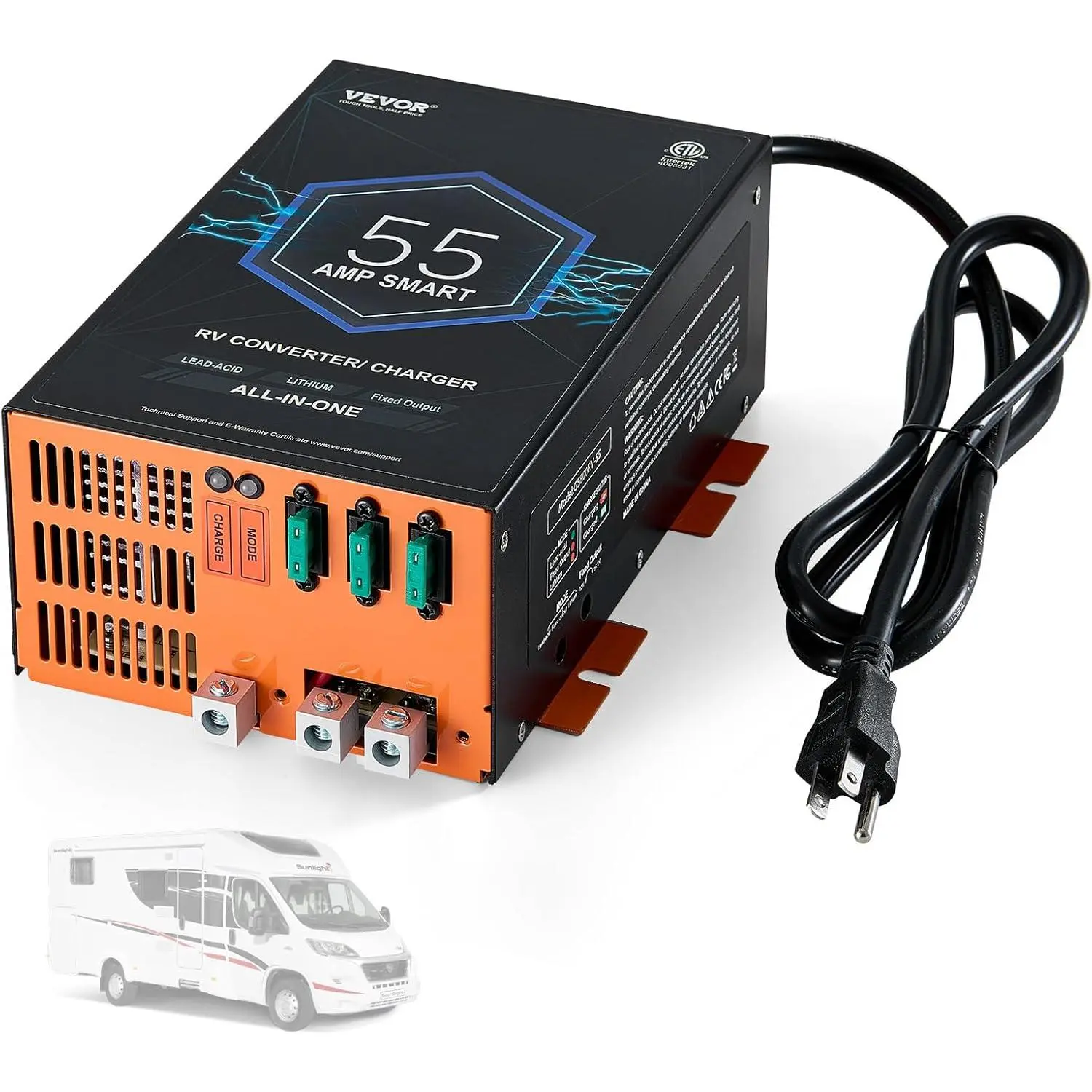 【FathersDayGift】 VEVOR RV Converter, 55 Amp, 110V AC to 12V DC RV Power Converter Battery Charger with 4 Stage Smart Charging 13V to 16.5V Adjustable Operating Range, Compatible with Lithium Lead Acid Battery, ETL
