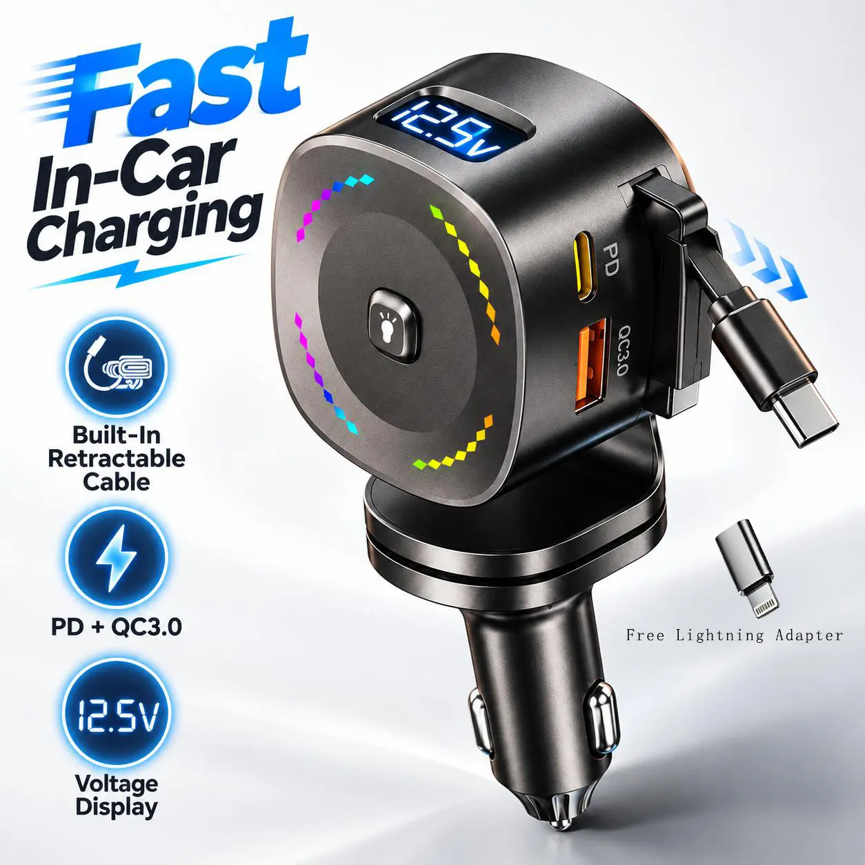 Car Bluetooth FM Transmitter PD QC3.0 Fast Charger Retractable Type C Charging Cable LED Digital Voltage Monitor RGB Ambient Ring Light Handsfree Calling Built in Mic 180 Degree Rotatable U Disk Lossless Music Player Wireless Audio Car Stereo Adapter Univ