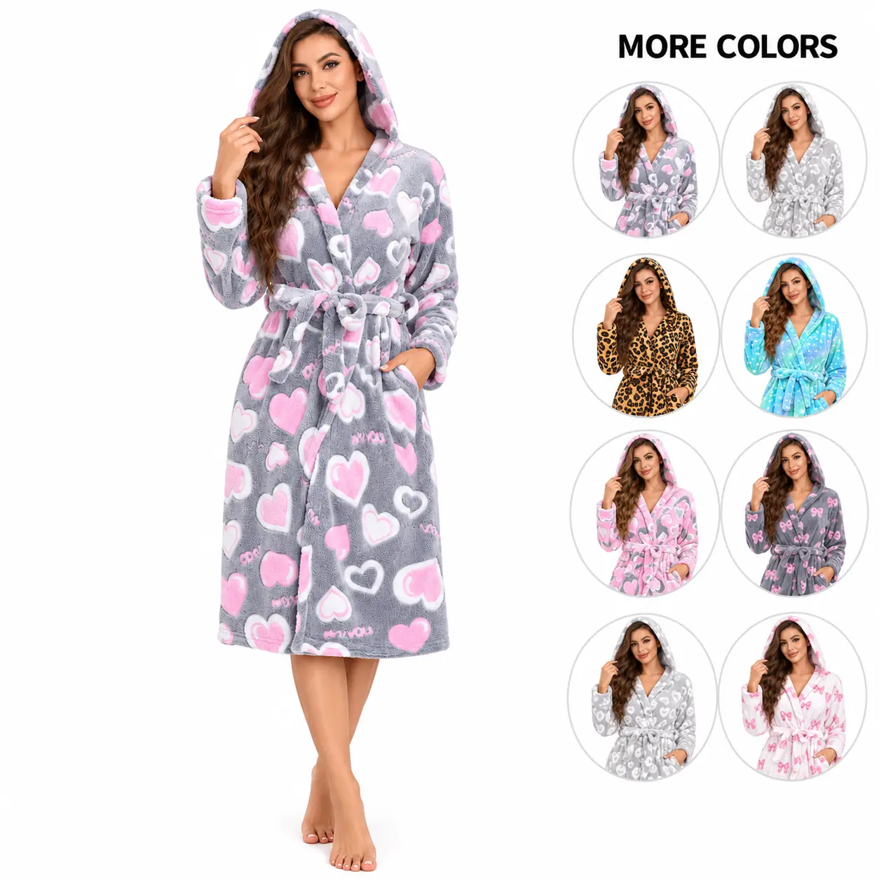 Womens Leopard Plush Robe, Long Floor Length Bathrobe with Pockets, Ultra Soft Winter Housecoat for Home