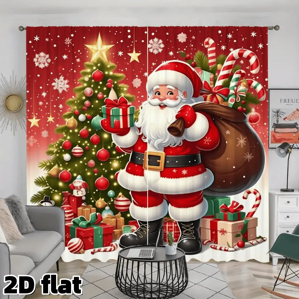 2D Flat 2Pcs Christmas Santa Claus Print Curtains Festive Holiday Tree Pattern Semi Sheer Rod Pocket Design Theme Polyester Fabric Panel Suitable for Living Room Bedroom Balcony Kitchen Decor Window Treatment