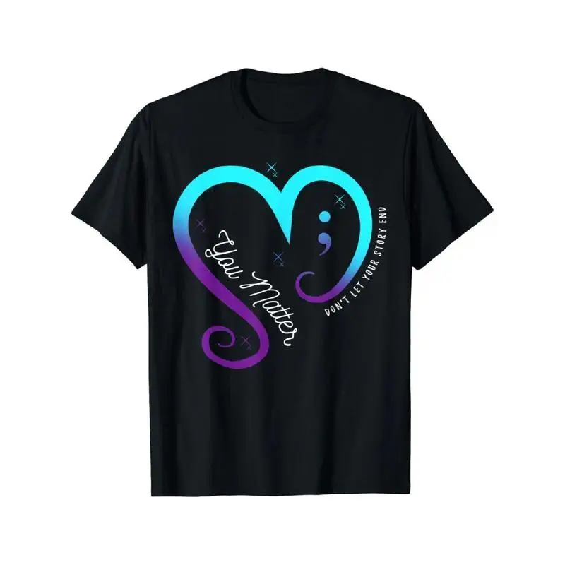 Women's Short-Sleeve Round Neck Casual Streetwear Tops with Semicolon Design for Mental Health Awareness and Suicide Prevention, Chic, Cotton, Cute, Korean, Preppy, Vintage, Korean Chic, Graphic, Shortsleeve, Graphic Tee With Subtle Street Edge, Streetwea