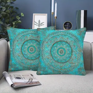 2-Pack Bohemian Mandala Cushion Covers, Soft Cushions - Turquoise & Golden Pillow Cases, Zipper Closure, Machine Washable Decorative Throw Pillows for Sofa, Bed, Living Room, Bedroom - No Insert Needed, Sofa Accessories