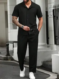 Men's Plus Size Casual Set with Pockets, Plain Long Sleeve Button Shirt and Stretch Pants, Fabric for Comfortable Everyday Wear