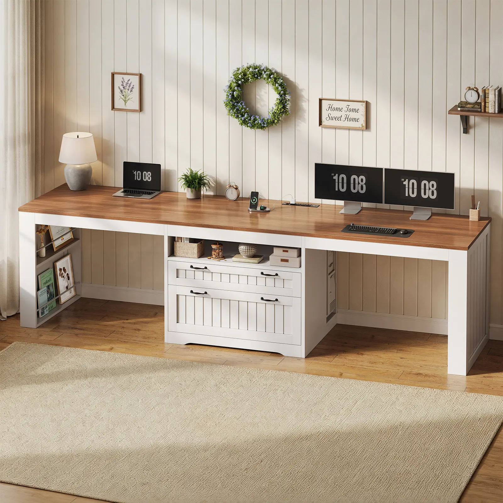 SEDETA Rustic Farmhouse Home Office PC Table - 94.5in Wide ×21.6in Deep Rectangle Desk for Parents, 50-100cm Adjustable 2-Person WFH Computer Desk with Built-in Power, 2 USB Ports, Large File Drawer, Storage Shelves, Home Office Desks