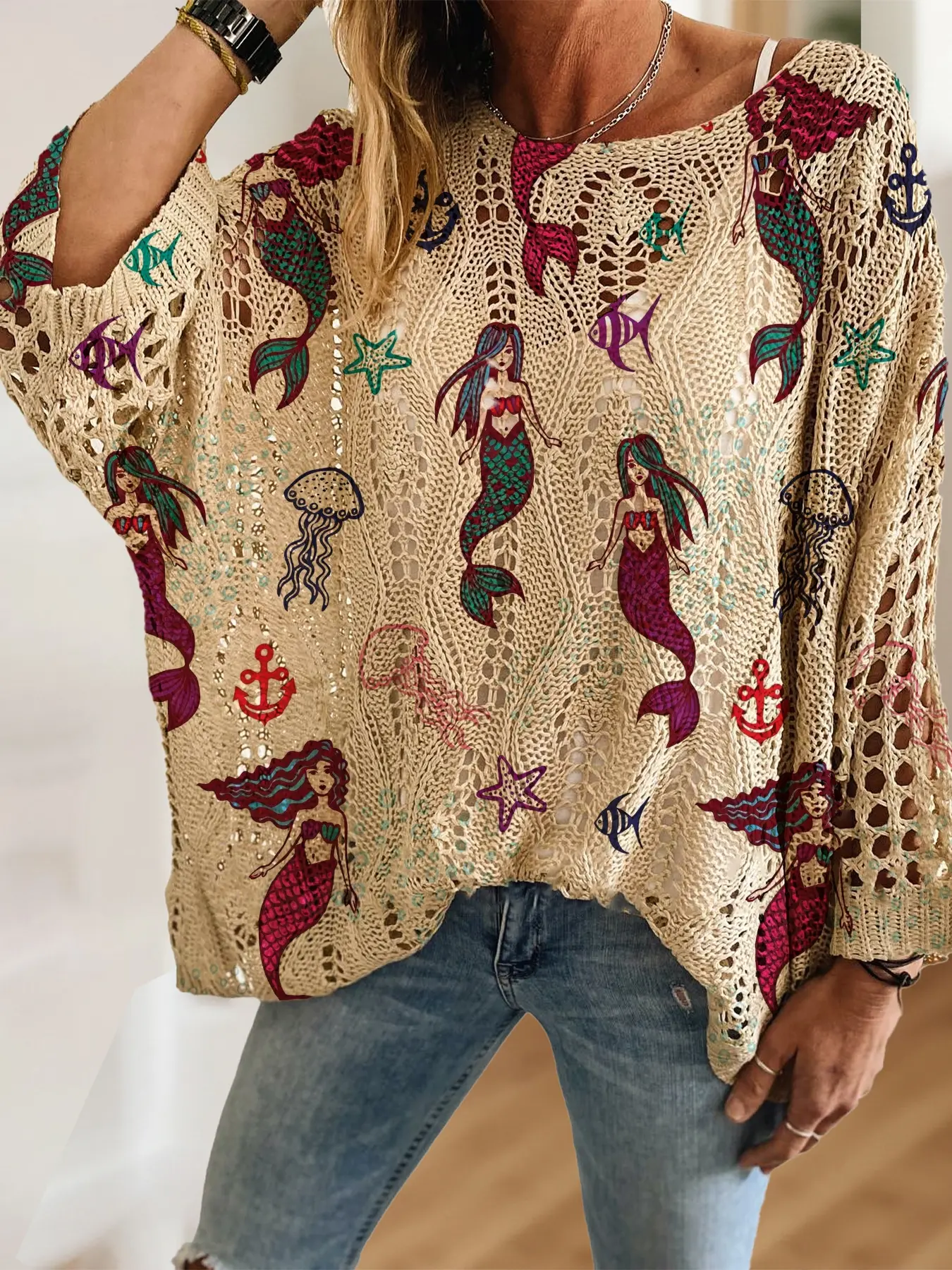 Women's Boho Mermaid Sea Creature Print Long Sleeve Short Knit Top Blouse, Batwing Casual Elegant Vacation Style, Comfortable Breathable Loose Fit, Spring Summer Fall Fashion Clothes