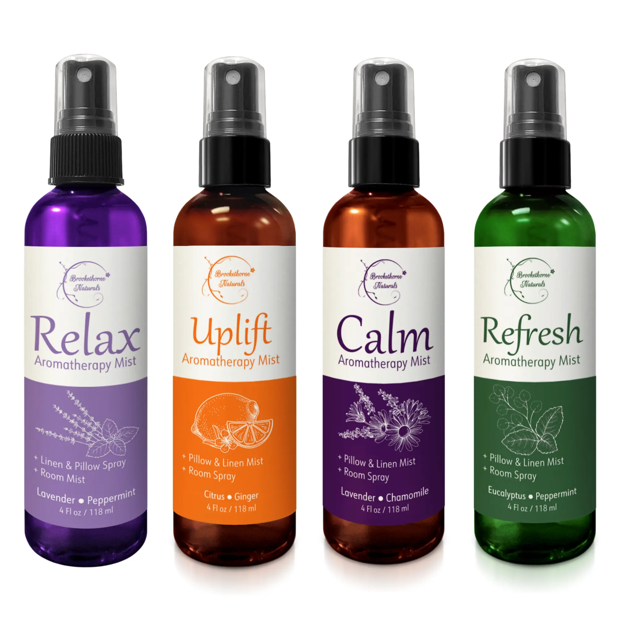 Brookethorne Naturals 4-Piece Aromatherapy Essential Oil Pack - Lavender, Peppermint, Chamomile, Citrus Floral, Eucalyptus; Universal Botanical Water Fragrance for Stress Relief, Room, Linen, Pillow Spray (Great Gift Option), Set