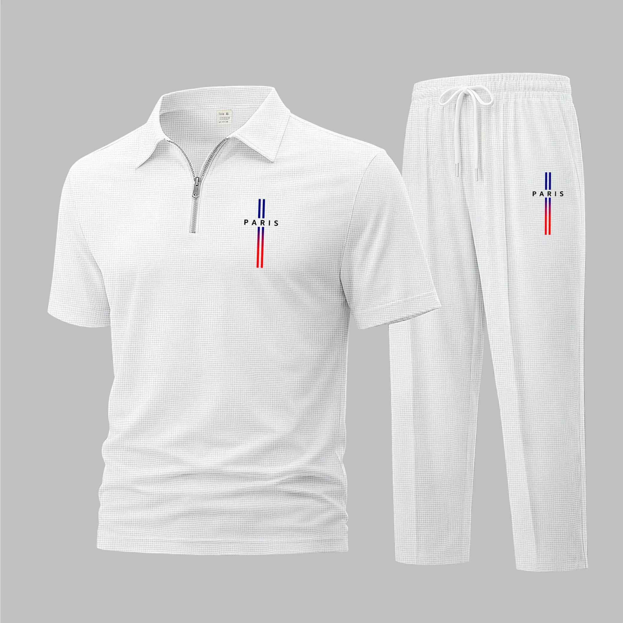 Men's 2-Piece Solid Polyester Waffle Knit Athleisure Set - Casual Short Sleeve Zip-Up Polo, Loose Fit Long Pants, Sporty Chic Menswear, Breathable Knit Fabric, Athleisure Wear