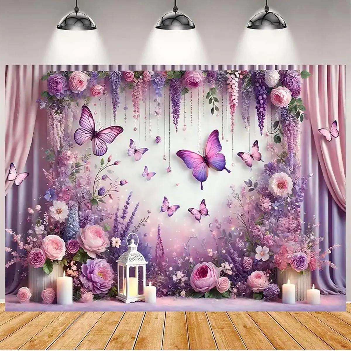 Peach Purple Floral Butterfly Tapestry, Glitter Gold Dot Polyester Fabric, Lightweight Wrinkle-Resistant HD Print Hand-Adjustable Room Photography Backdrop for Party Decor Photo Booth, Wall