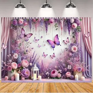 Purple Floral Butterfly Backdrop Glitter Gold Dot Style Polyester Fabric Photography Background Wrinkle Resistant HD Print Party Decor Photo Booth
