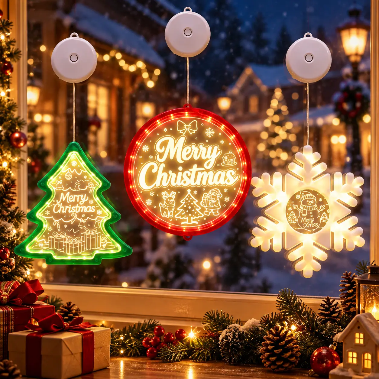 3 Pack Christmas Window Lights with Suction Cups, LED Lighted Christmas Window Decorations, Snowflake Tree Hanging Lights for Indoor Xmas Decor(Batteries Not Included)