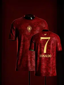Ronaldo #7 Portugal National Team Red GOAT Print Soccer Jersey Portuguese Cultural Pattern Gold Number Breathable Quick Dry Short Sleeve for Ronaldo Fans, Portugal Supporters, Football Collectors & Streetwear Enthusiasts