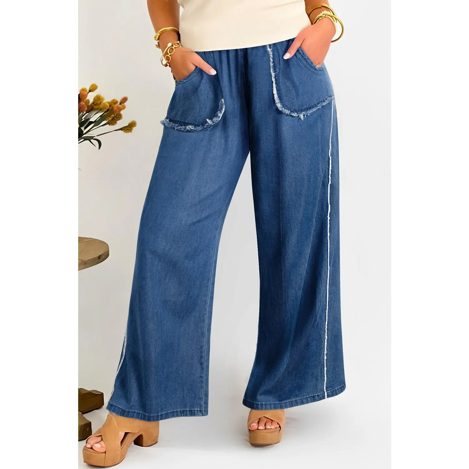 Sail Blue Washed Denim Chambray Loose Plus Size Pants