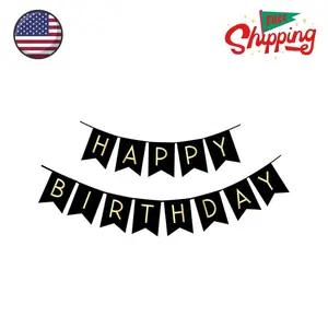 Black Happy Birthday Bunting Banner with Shiny Gold Letters Party Supplies