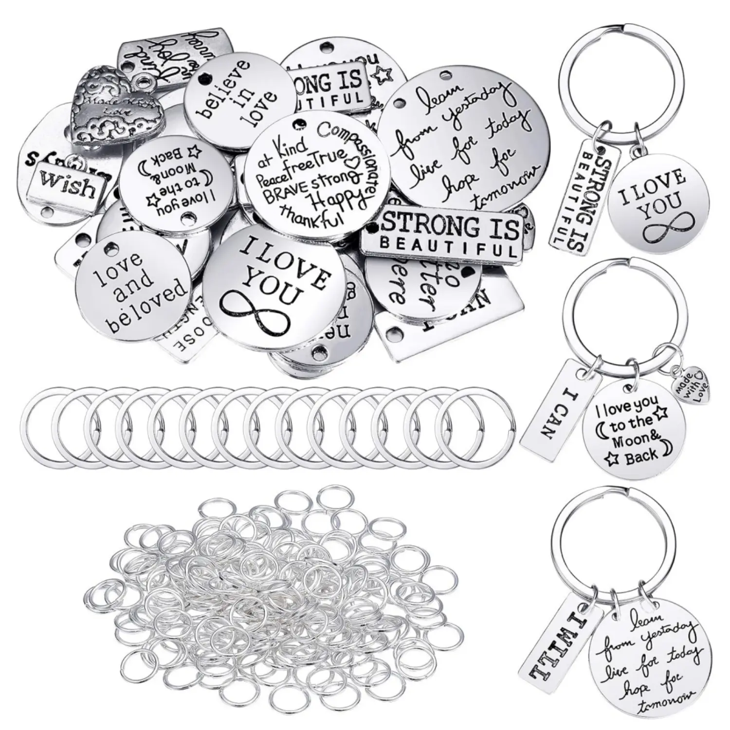 259-Pcs Bulk Smooth Silver Alloy Inspirational Slogan Charms Pendants Keychains with 8 mm Diameter Open Jump Rings for Graduation, Birthday, Party DIY Engraved Necklace Jewelry Making (Home Improvement)