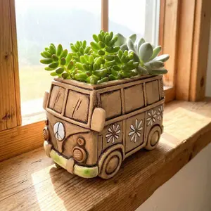 Vintage Hippie Van Resin Planter, Creative Flower Pot for Indoor & Outdoor Decor, Versatile Room Accent, Car Model, Garden