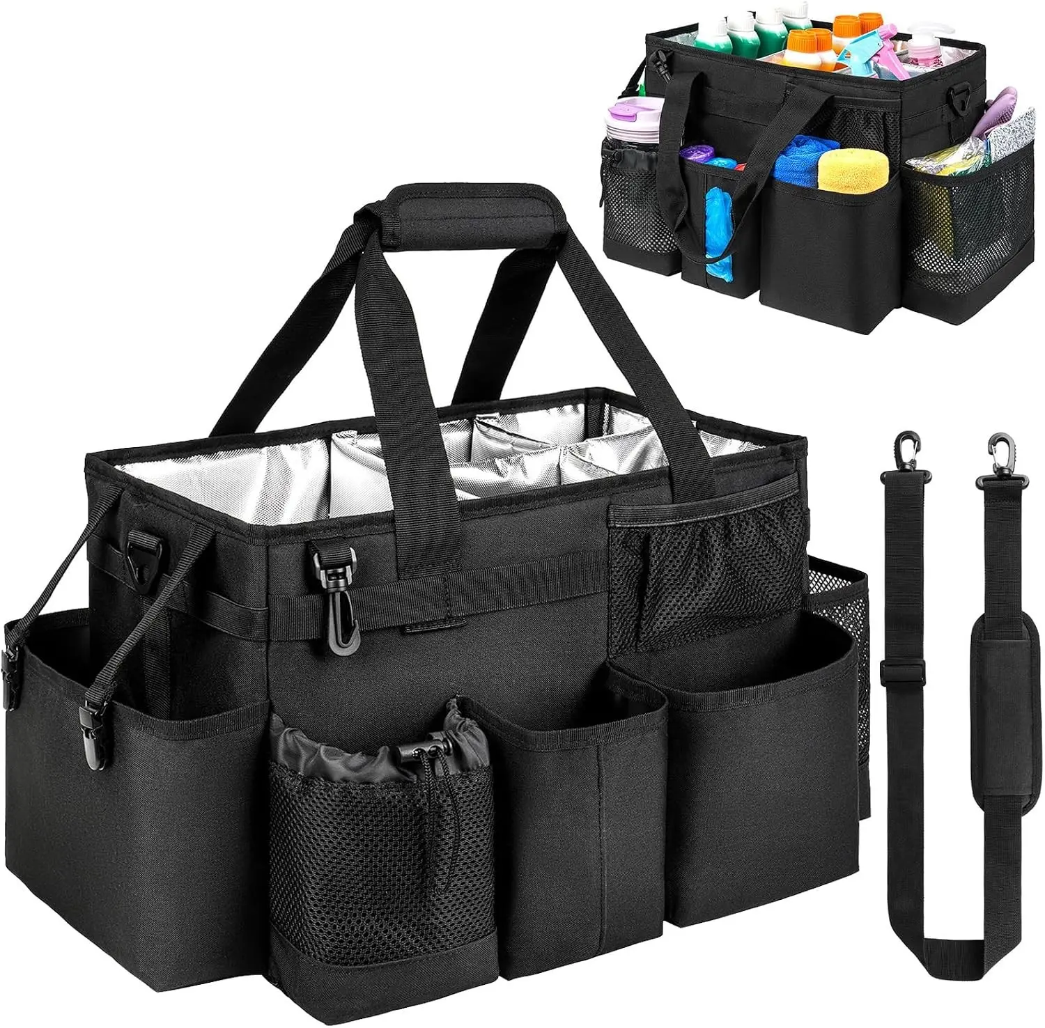 Cleaning Caddy Bag, Large Cleaning Supplies Organizer for Housekeepers, Housekeeping Caddy with Handle and Detachable Padded Cushion, Black
