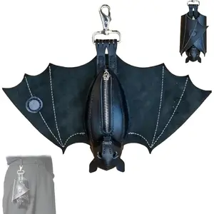 Faux Leather Bat-Shaped Zipper Pouch Keychain - Foldable Snap-Wing Design, Holds Coins & Keys, Attaches to Pants/Bags, Practical Father’s Day Gift for Men men's accessories