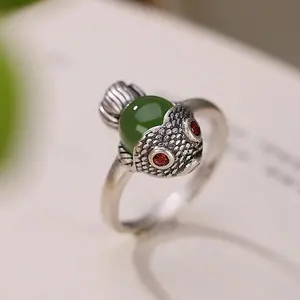 Retro silver 925 Natural Hotan Jade Green Fish shaped rings for women Charms Exquisite and compact Ring Party Jewelry Gift